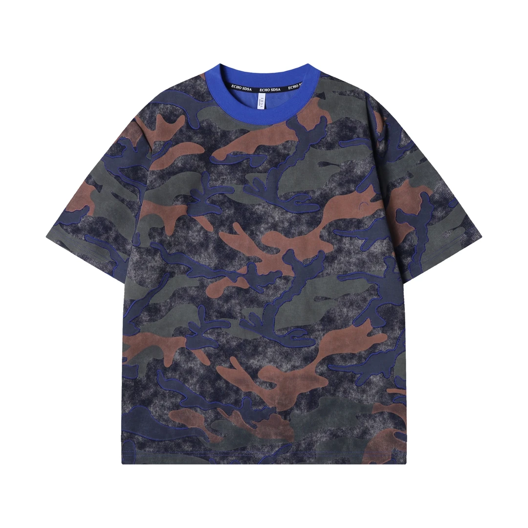 新款时尚个性韩版撞色印花刺绣圆领半袖T恤潮流百搭痞帅T2249