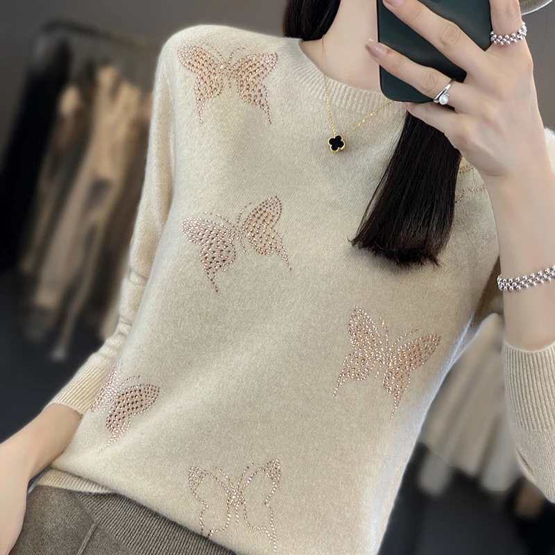 秋冬新款女装一线成衣圆领蝴蝶烫钻短款针织打底衫毛衣