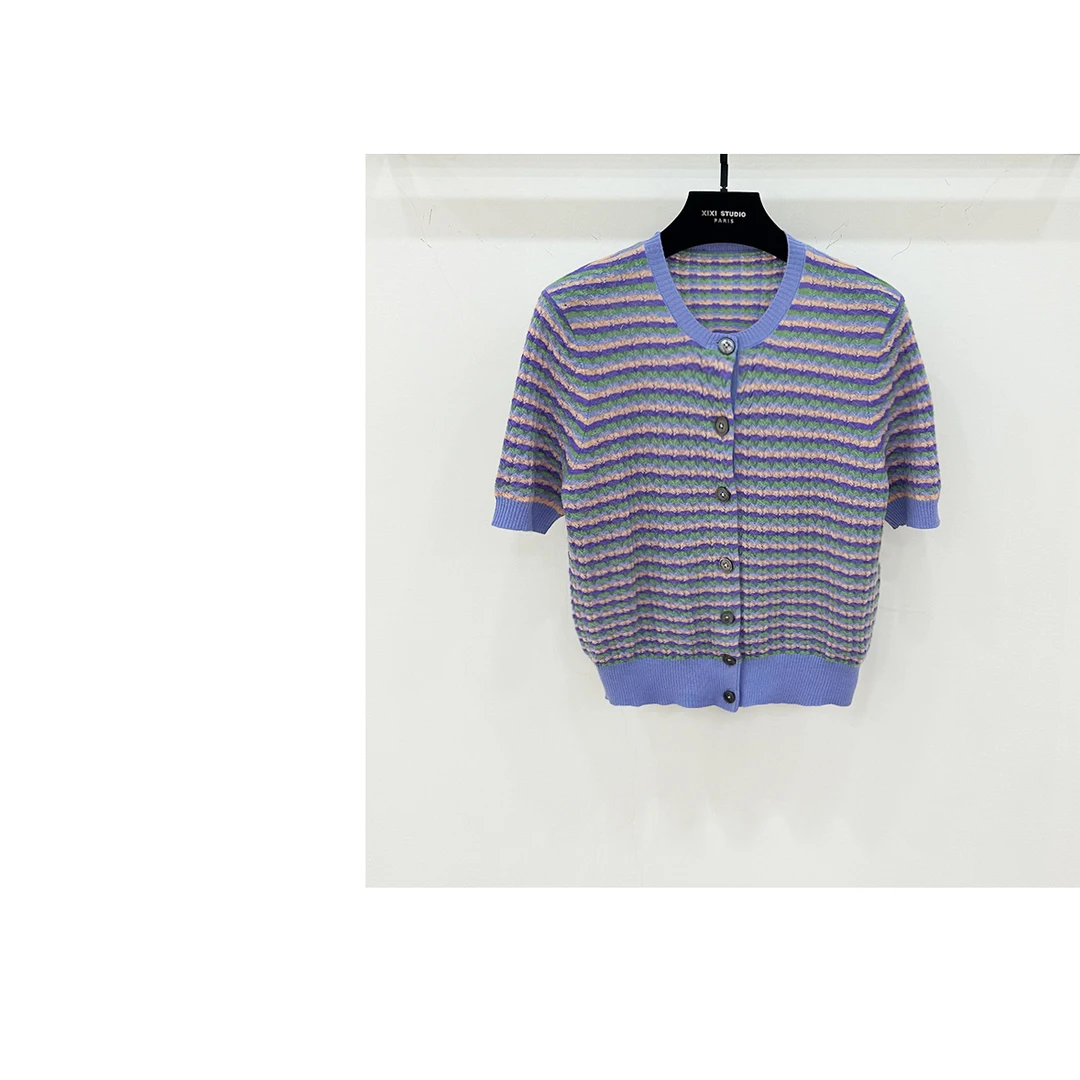 【D•er】法式小香风拼色条纹短袖针织上衣