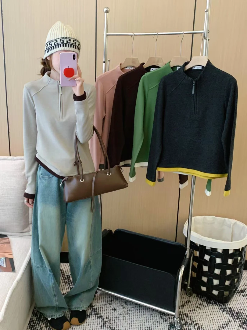 秋冬磨毛远红外发热保暖半拉链女款拼色长袖显瘦德绒打底903