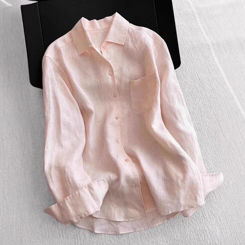 牛货 巨炸裂！粉色亚麻翻领长袖衬衫女夏季轻薄透气宽松防晒上衣