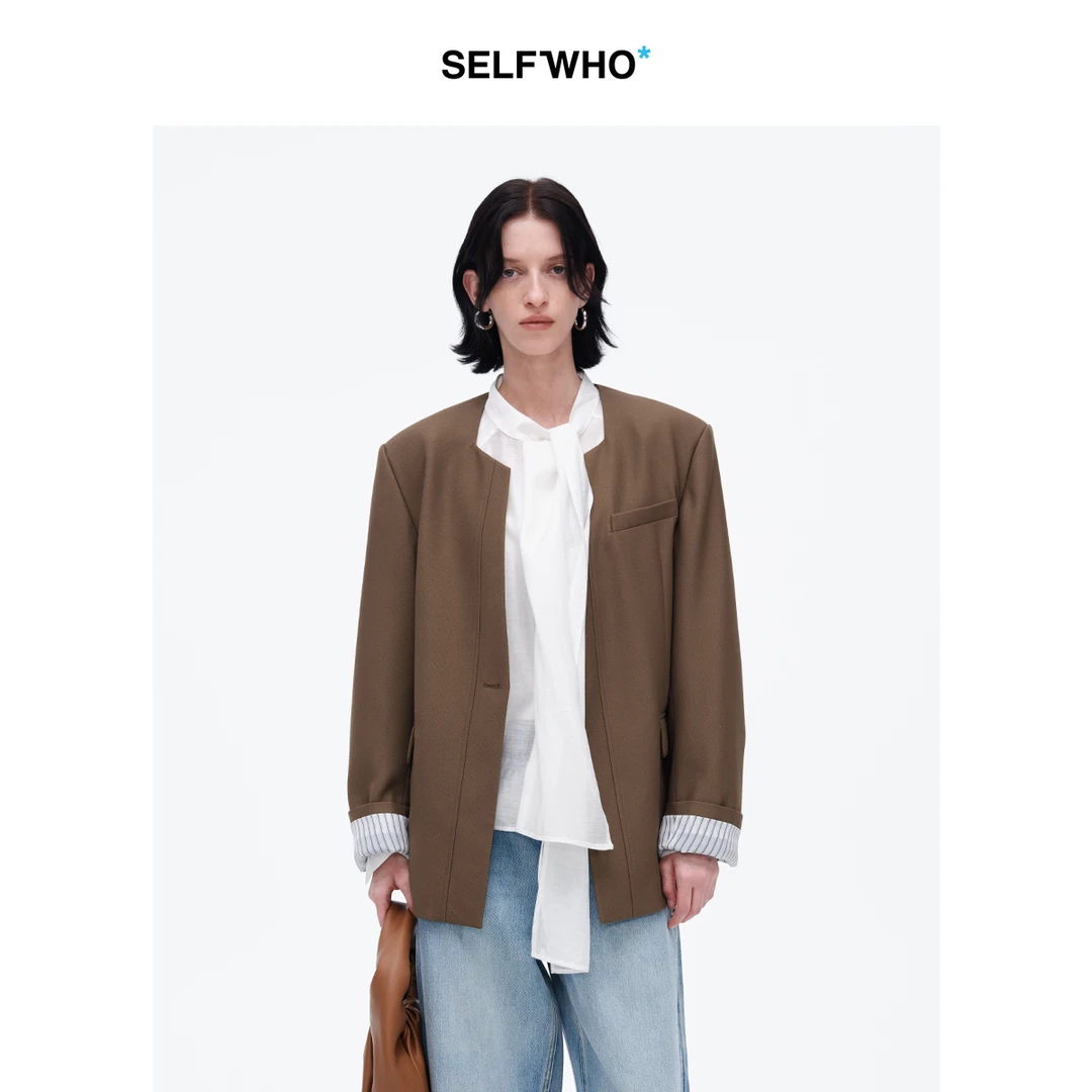 SELFWHO羊毛混纺咖啡色西装女2025春新款通勤中长款箱型西服外套