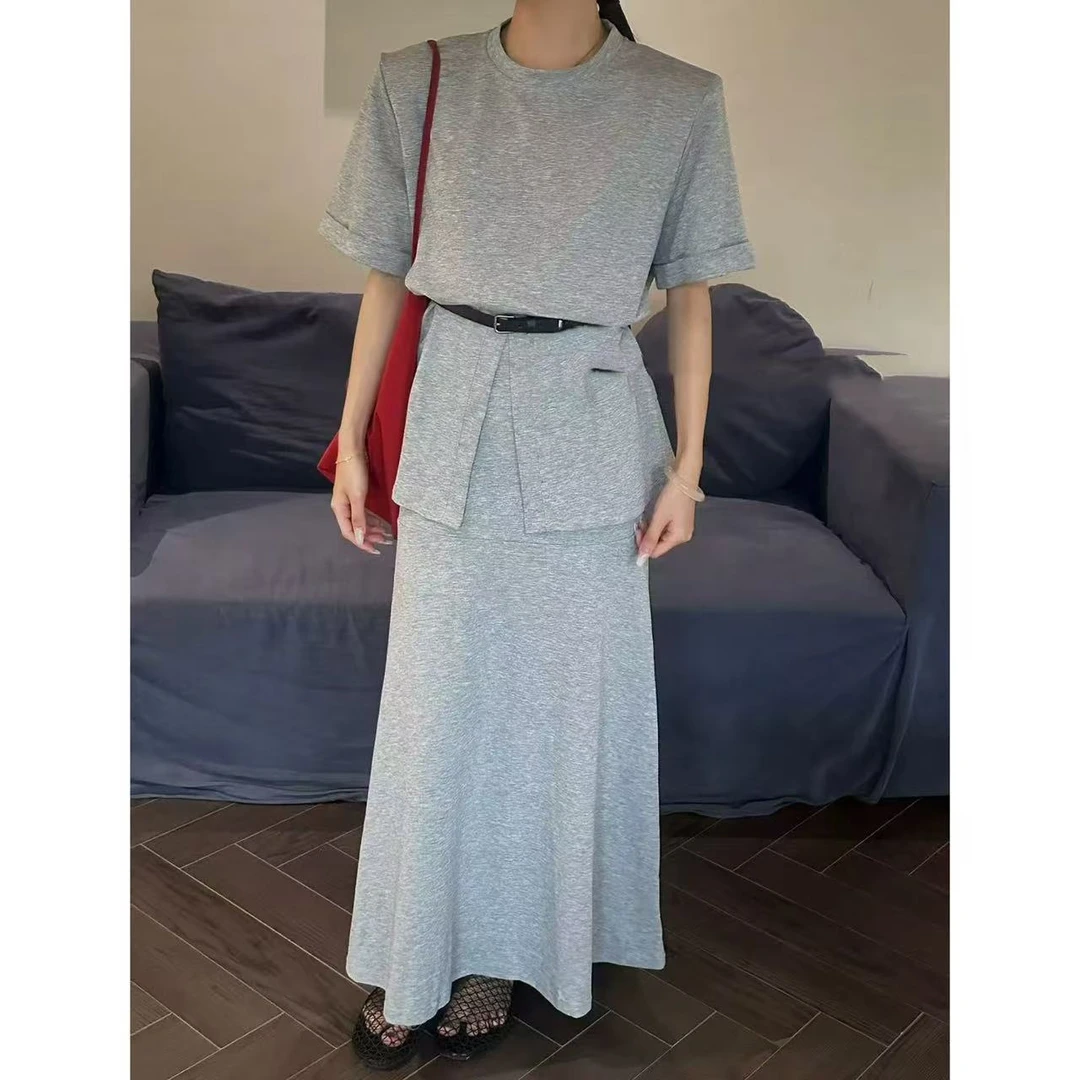 【可乐优选】韩版时髦开叉收腰带腰带T恤+松紧腰半身裙套装