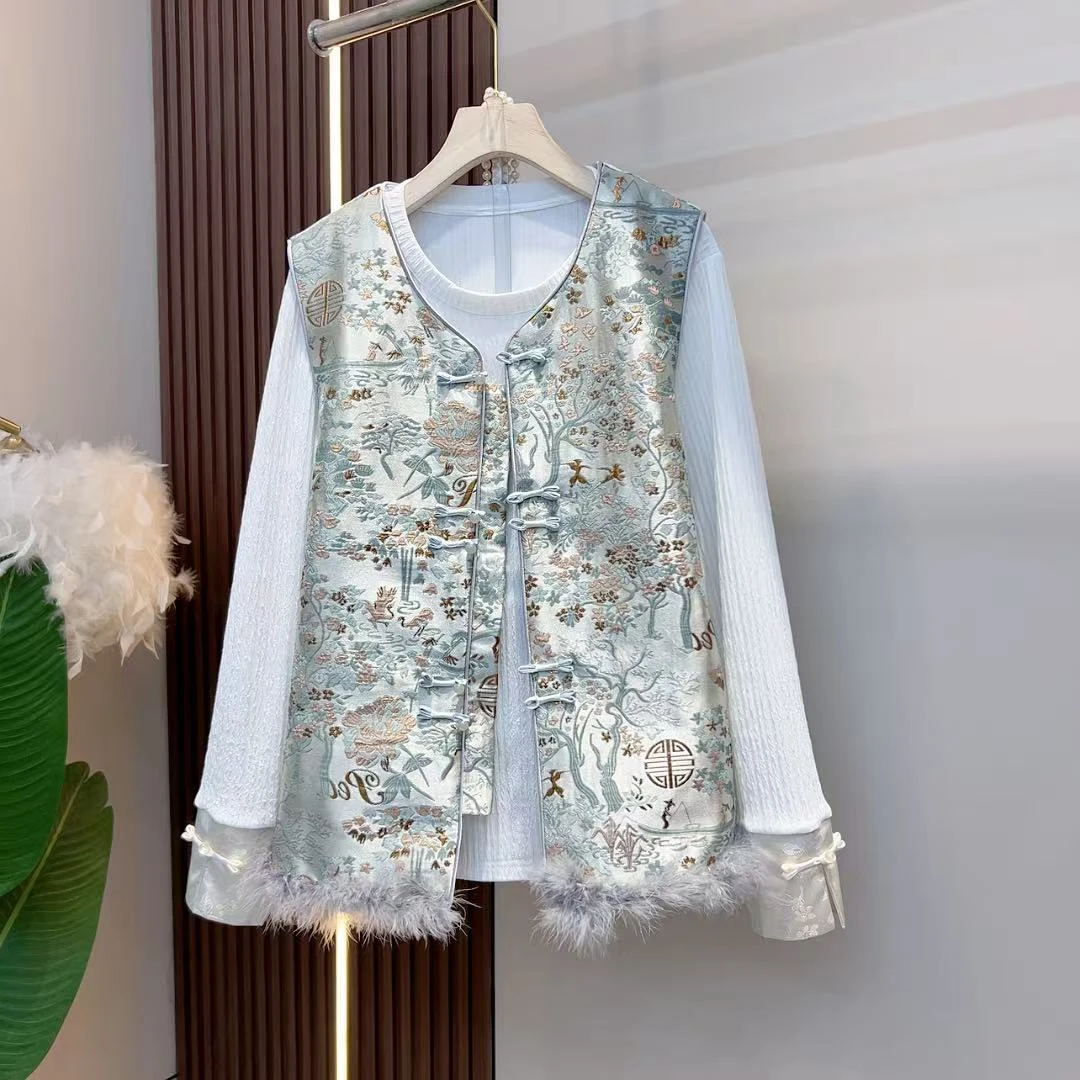 新中式时尚洋气显瘦高端国风刺绣宋n锦马甲百搭长袖打底两件套