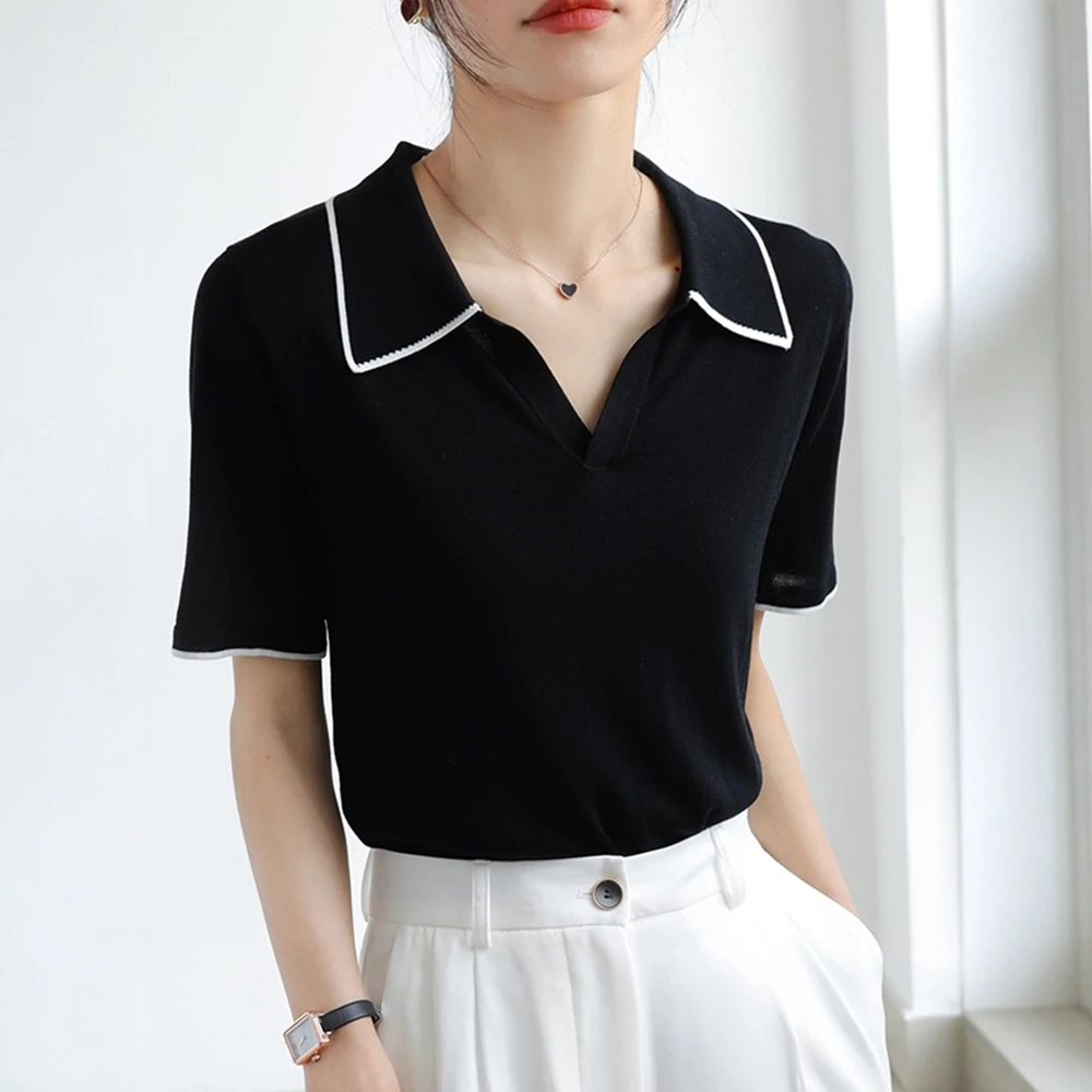 哥弟阿玛施正品夏季新款时尚百搭修身显瘦拼色冰丝针织短袖T恤女