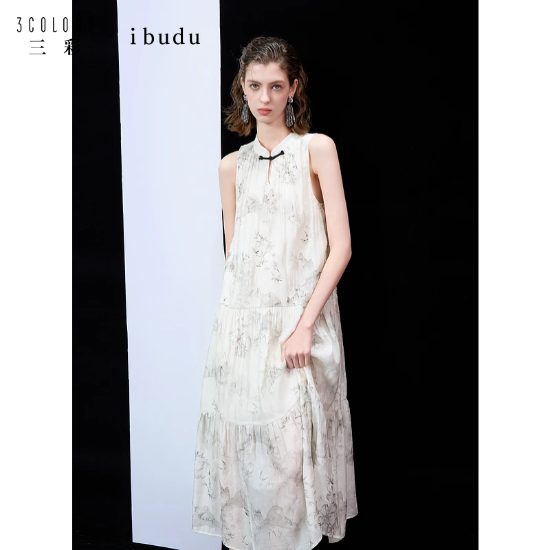 三彩ibudu2025春季新款新中式国风挂脖连衣裙宽松A字大摆女