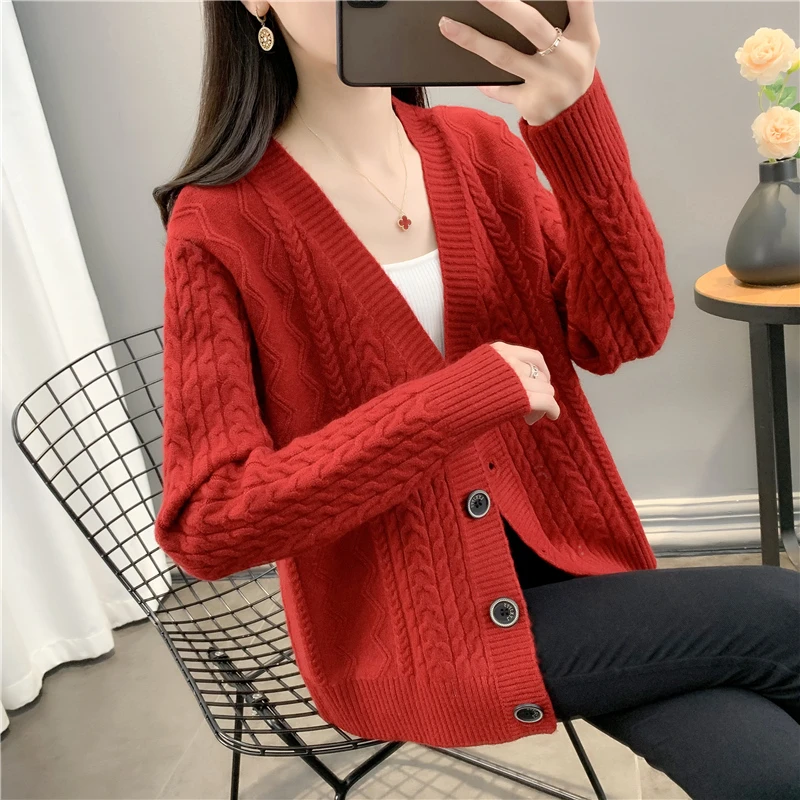 新款麻花V领百搭针织开衫韩版春秋宽松洋气毛衣外套外穿