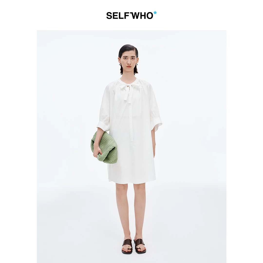 SELFWHO莱塞尔棉混纺绑带连衣裙女2025夏新款宽松羊腿袖捏褶裙子