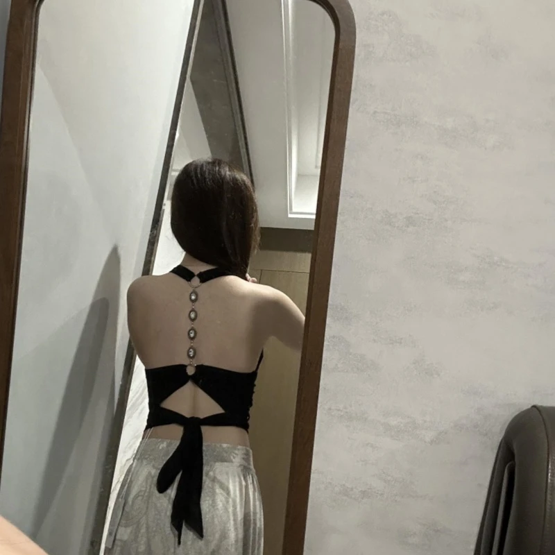 美背挂脖吊带背心外穿设计感绑带镂空露背辣妹修身短款上衣