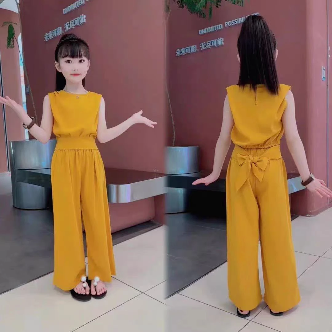 女童阔腿裤套装2025新款中大童时髦宽松垂感显瘦无袖高腰阔腿裤套