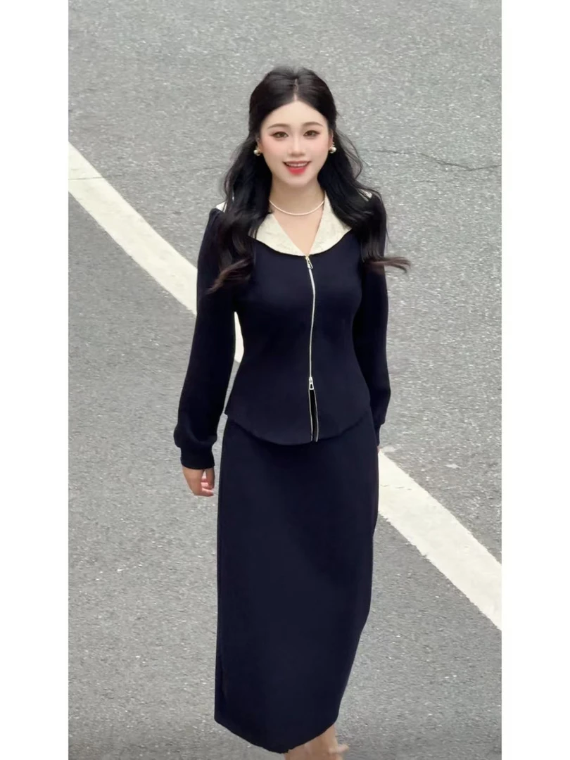 【柔飒方程式】秋季胖mm巨显瘦遮肉大码娃娃领显瘦开衫半身裙两件套