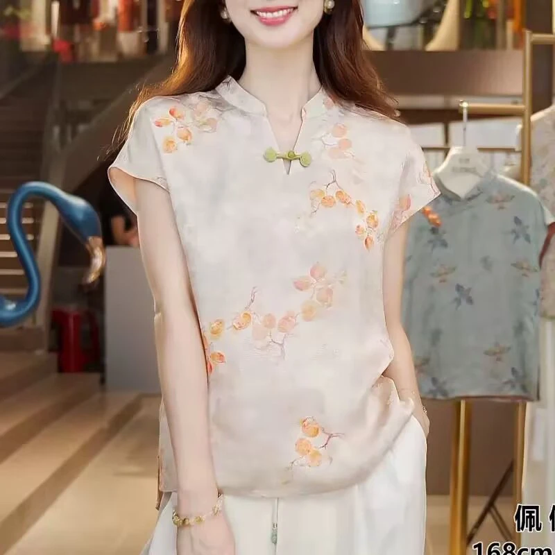 【676】新中式夏季立领印花盘扣提花缎面国风女士小衫