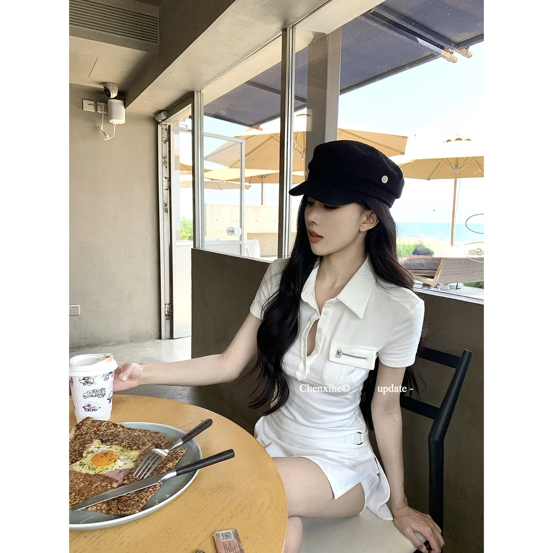 何晨曦 学院风polo领拉链口袋白色T恤收腰显瘦正肩短袖女 T0994T