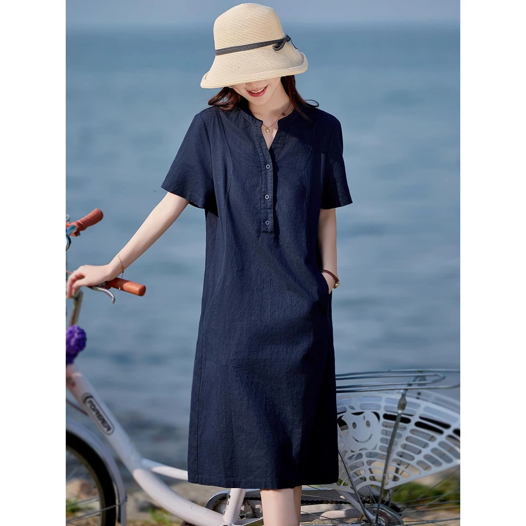巨好看的亚麻连衣裙女2025夏季流行单品今年爆款微胖妈妈棉麻裙子