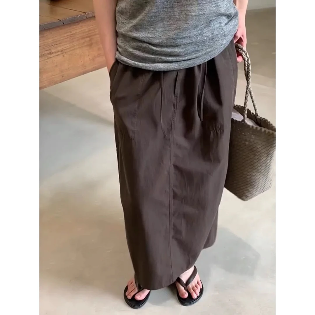 今年流行！老钱咖色速干抽绳工装休闲裙2025夏季复古时髦显瘦a字裙