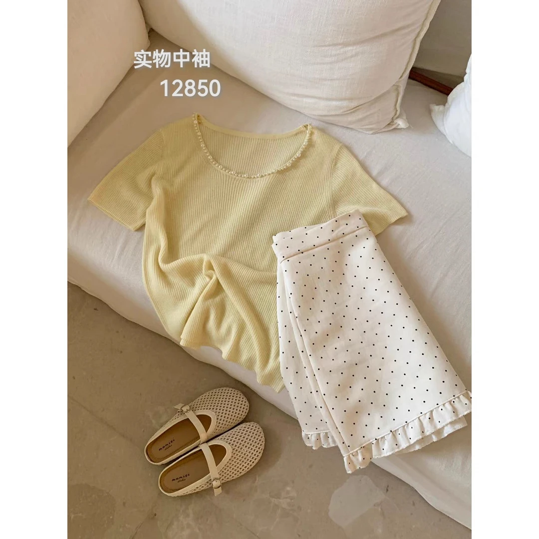 12850（部分无水洗唛，介意慎拍）WANGDAN新款U领钉珠短袖