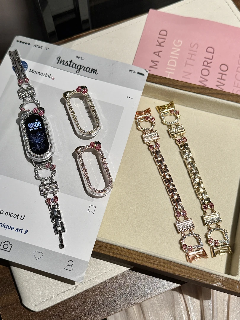 适用苹果iwatch闪钻kitty金属表带表壳配套小米9pro红米华为表带
