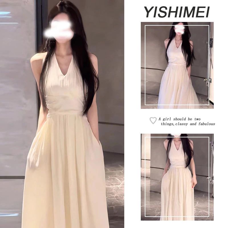 2025新款韩系气质高级感v领无袖长款连衣裙长裙子