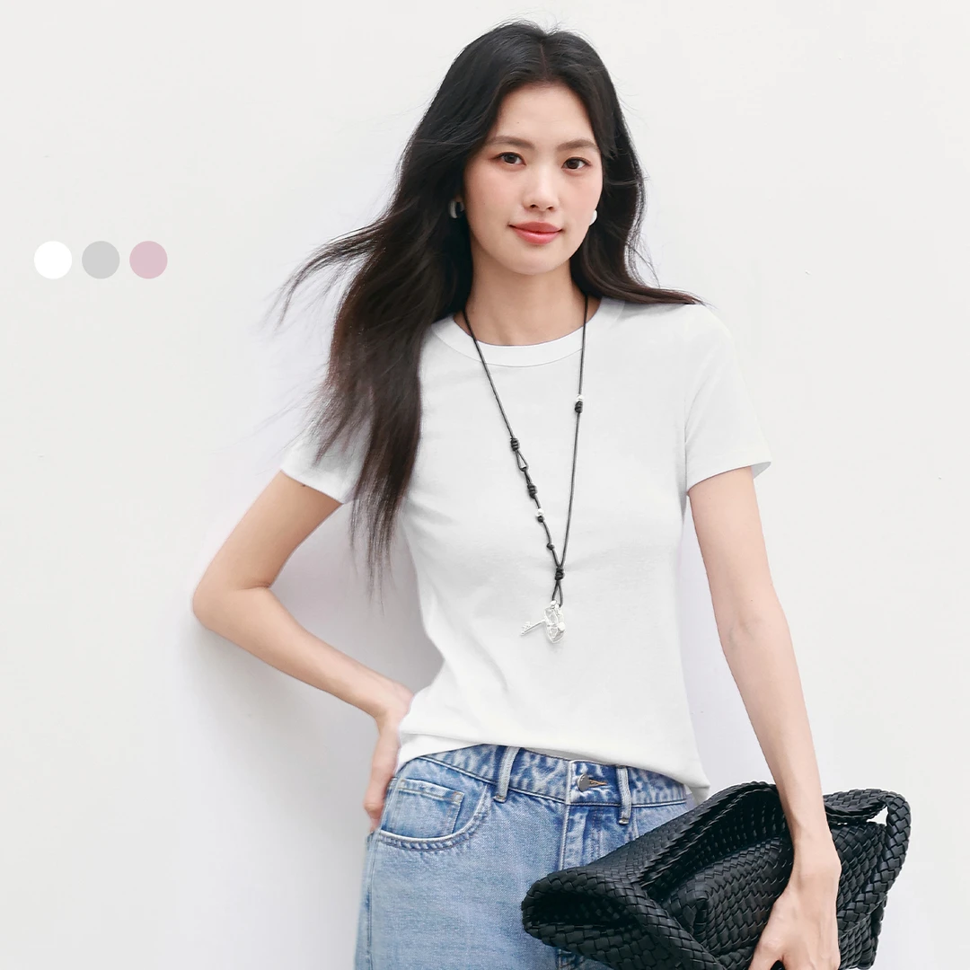 伊芙丽圆领棉感显瘦弹力修身正肩基础淡人穿搭T恤女夏装1G3901571