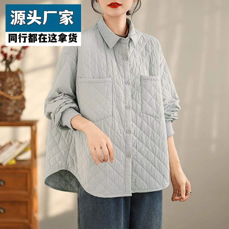 梵乐芬复古日系菱格夹棉衬衫棉服女冬季轻薄翻领加厚保暖棉衣夹克