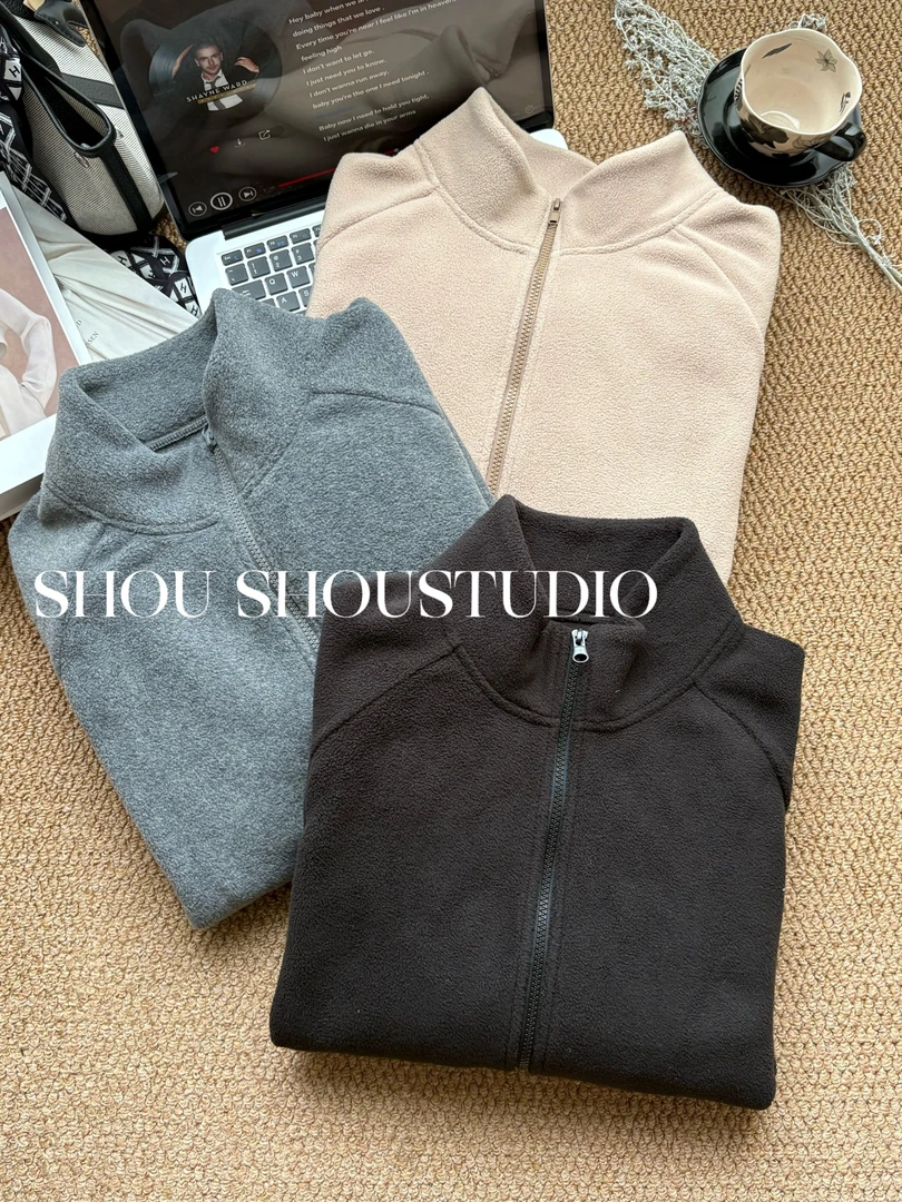 【瘦瘦】大码立领插肩袖休闲显瘦百搭拉链摇粒绒开衫外套S02248