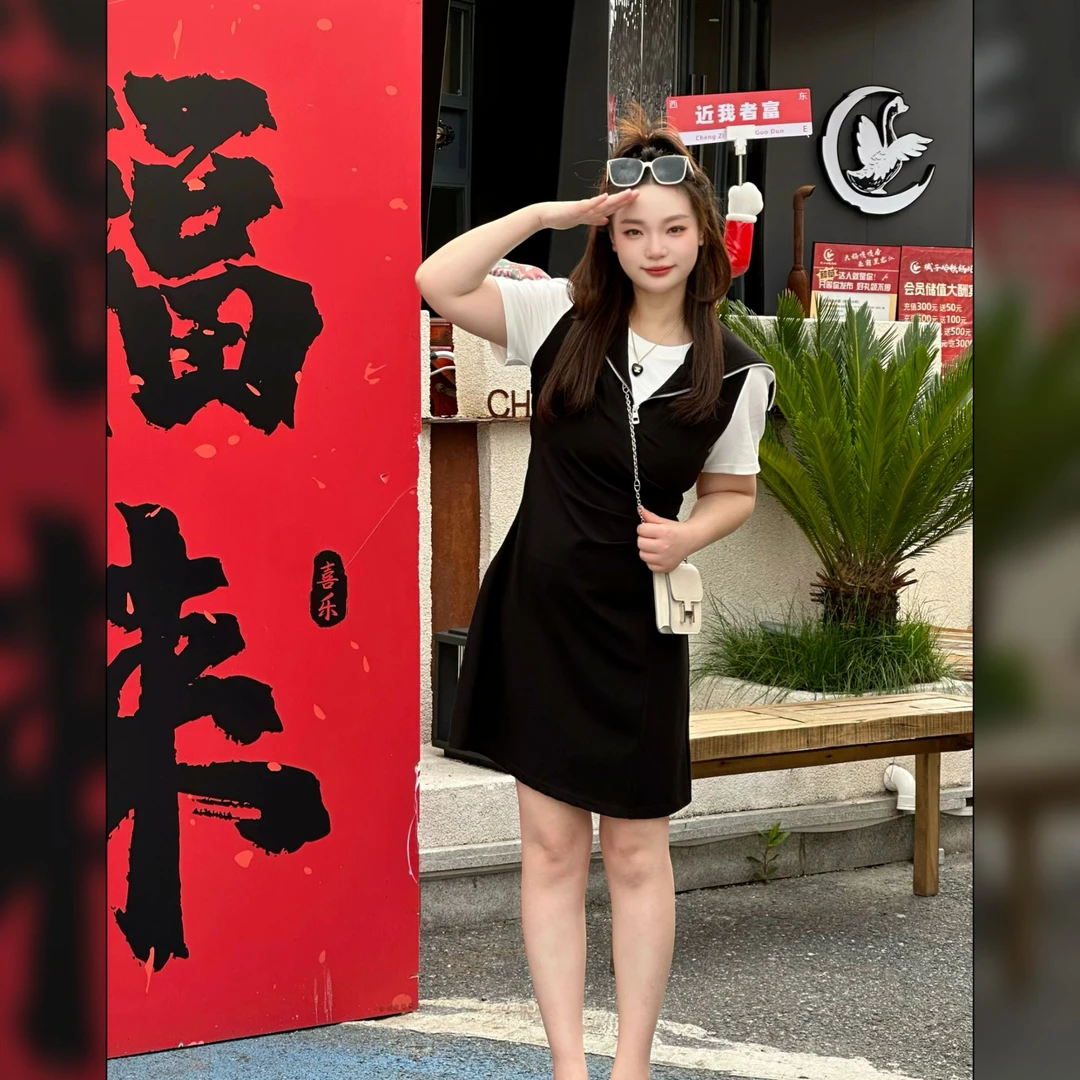 楠序魏魏微胖大码女装夏季设计感假两件收腰显瘦A字连衣裙NX13388