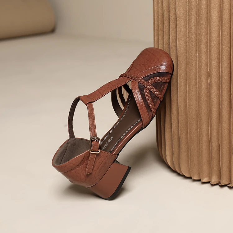 现货 俏蔓莲~5.0cm包头包头凉鞋女罗马时装凉鞋复古加宽加大女鞋