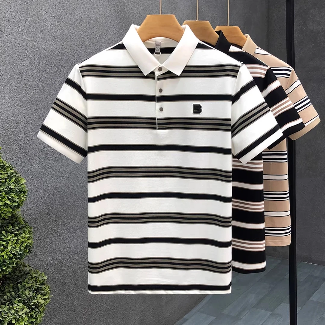 潮牌百搭条纹休闲polo衫男潮牌高端翻领短袖t恤男士夏季薄款半袖