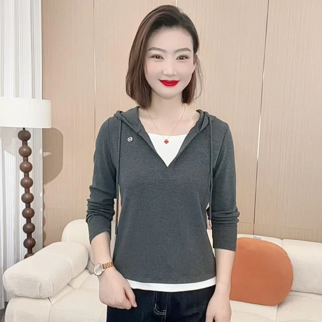 2025秋季时尚洋气新款简约连帽拼接假两件百搭显瘦长袖P5382