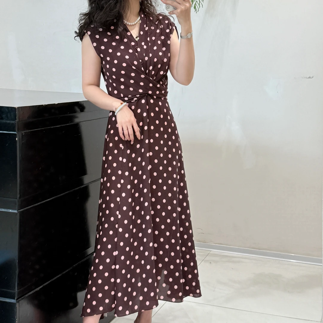 波点系带中长款茶歇绑带连衣裙优雅显瘦