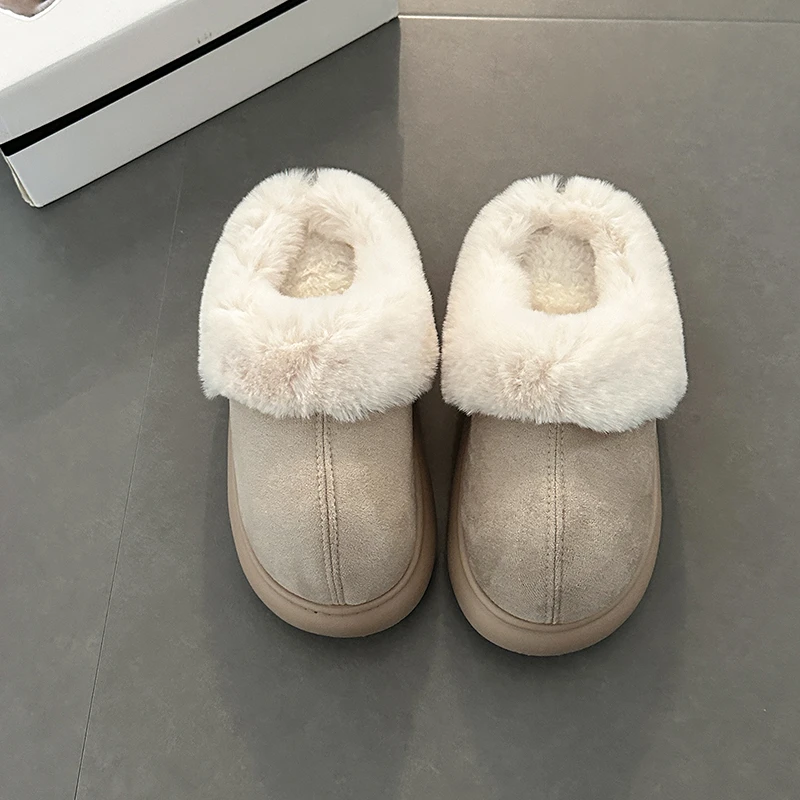 时尚复古百搭厚底增高包头半拖鞋女2025秋冬拼色圆头毛毛拖鞋棉鞋