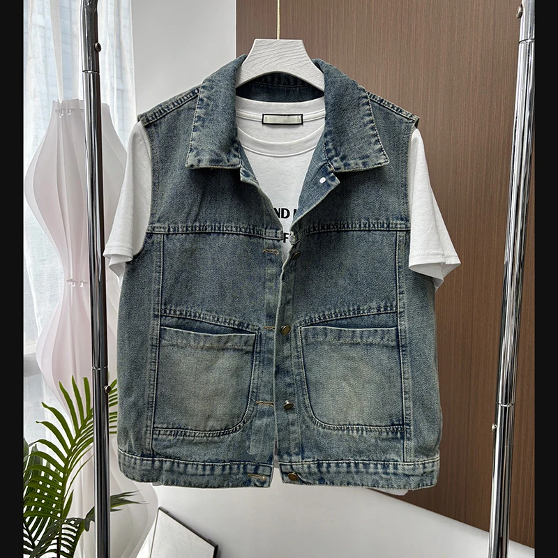 常规休闲马甲短外套透气牛仔拼接款前直口袋马夹