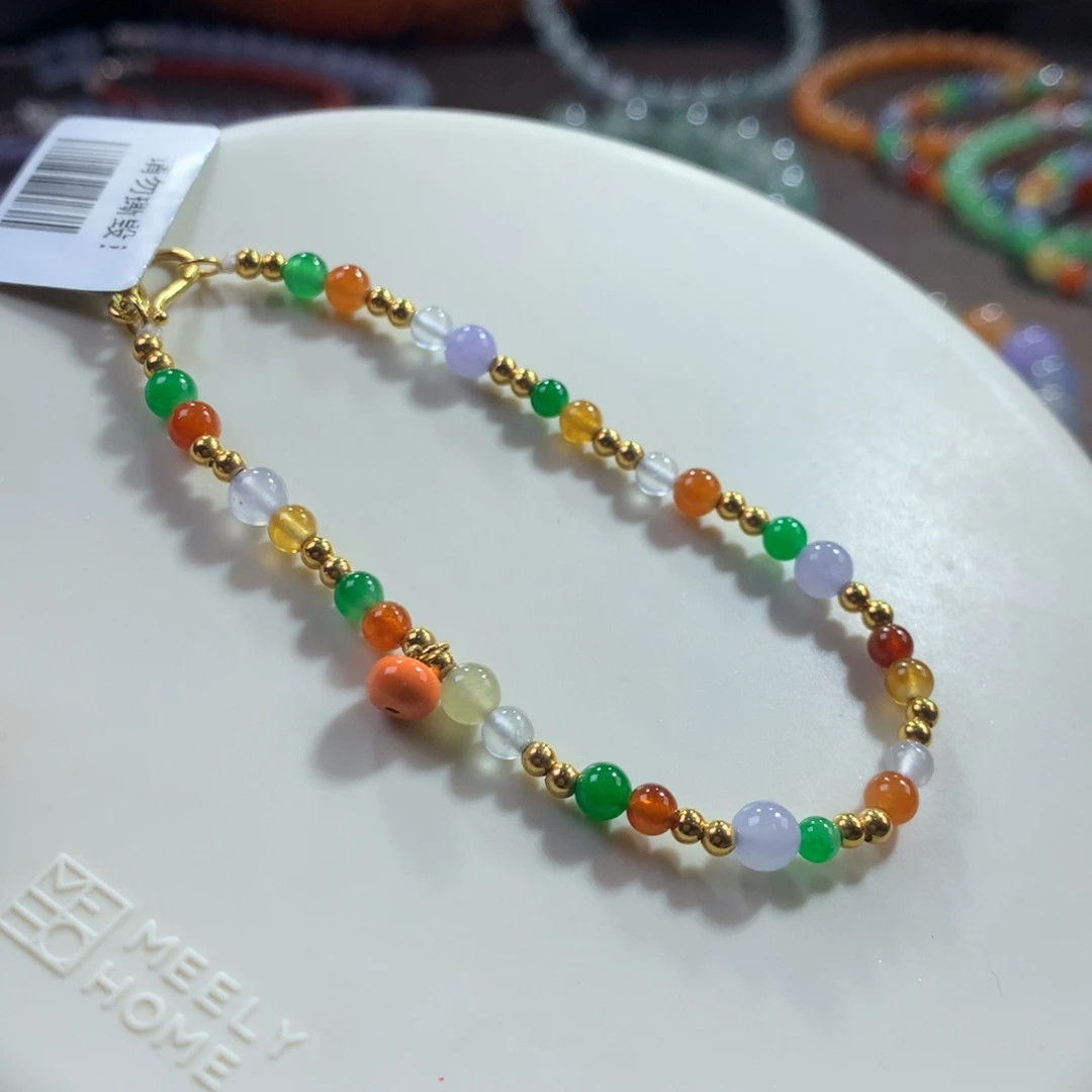 翡翠未镶嵌手链18.k金玉满堂冰浓艳彩多宝手链卡3.4~4.4