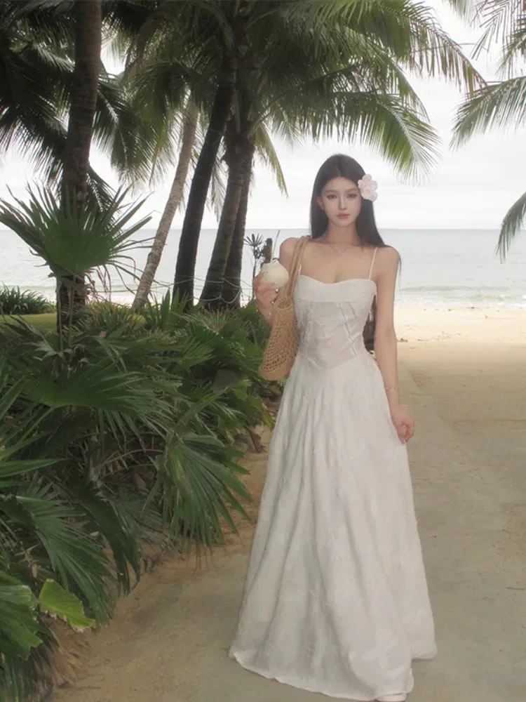 【高个子定制】白色镂空绣花连衣裙法式收腰拖地长裙度假风