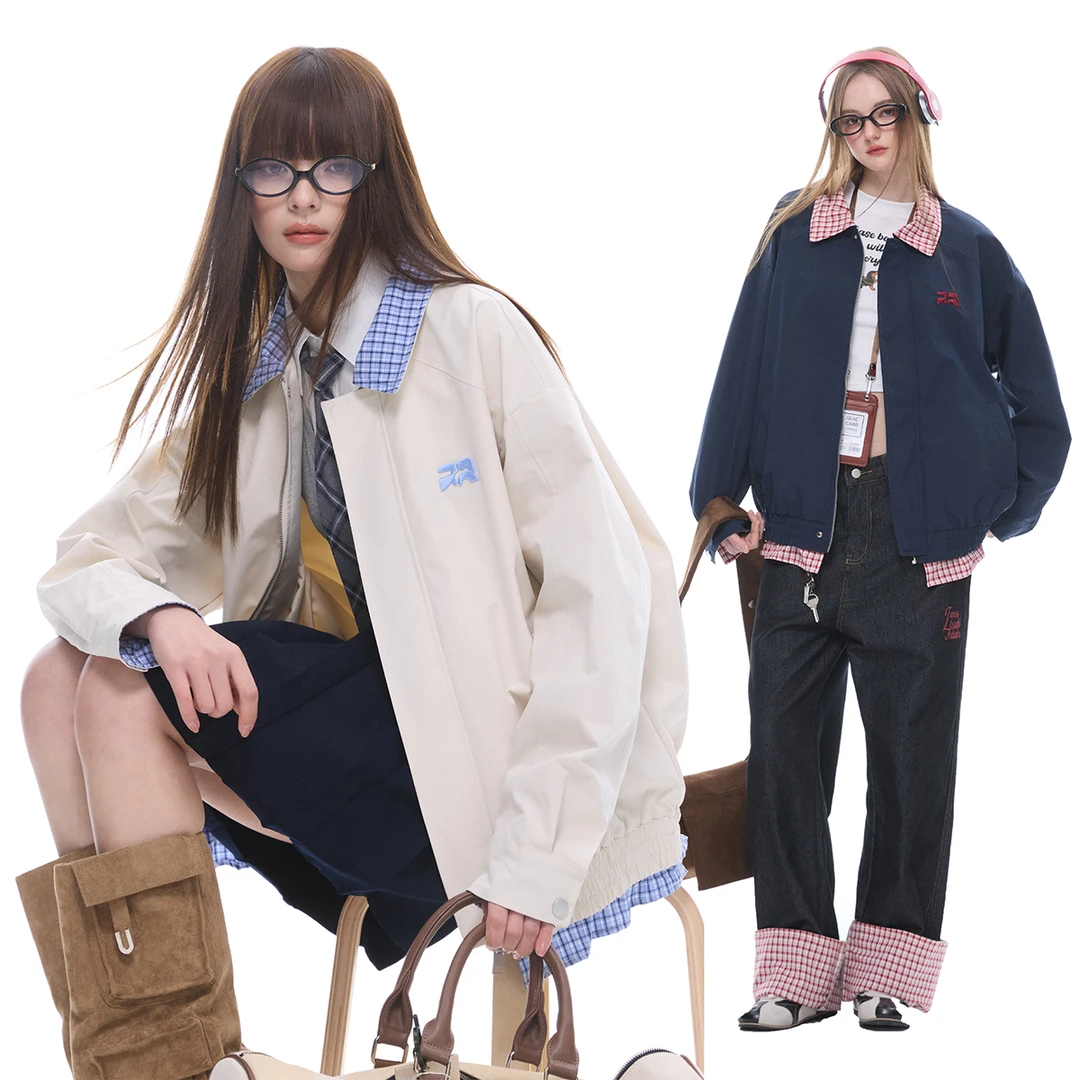 ZEXO 美式复古翻领图案刺绣拼接下摆格子假两件开衫外套ZE2533