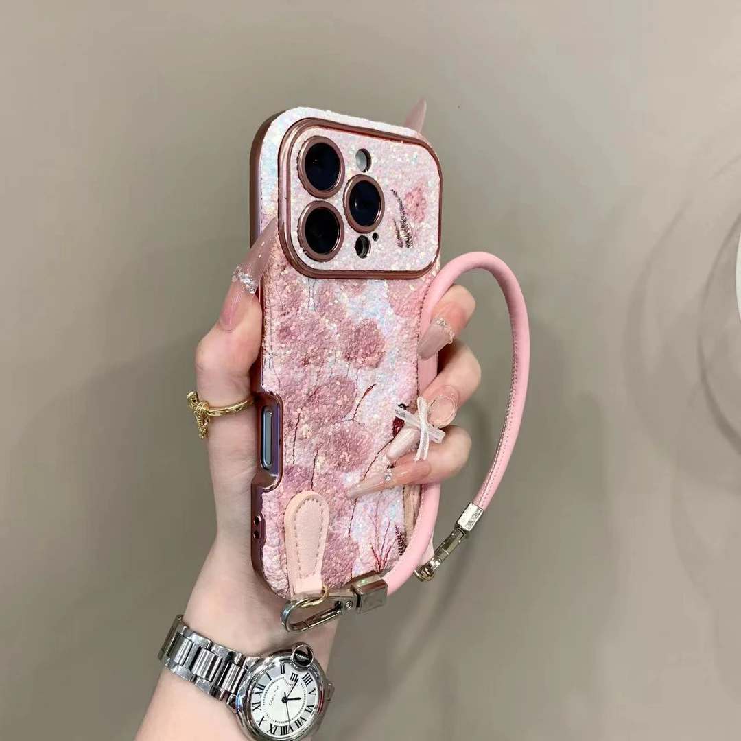 高级感亮片大视窗适用iPhone17手机壳苹果16promax花朵油画14小众