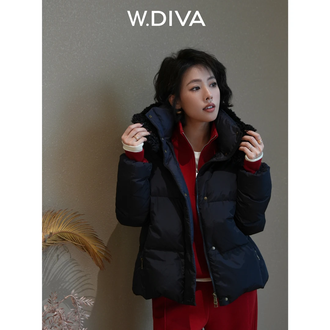 W.Diva【云暖羽绒】90鹅绒方形缝衍可拆卸连帽毛领羽绒服54C123376