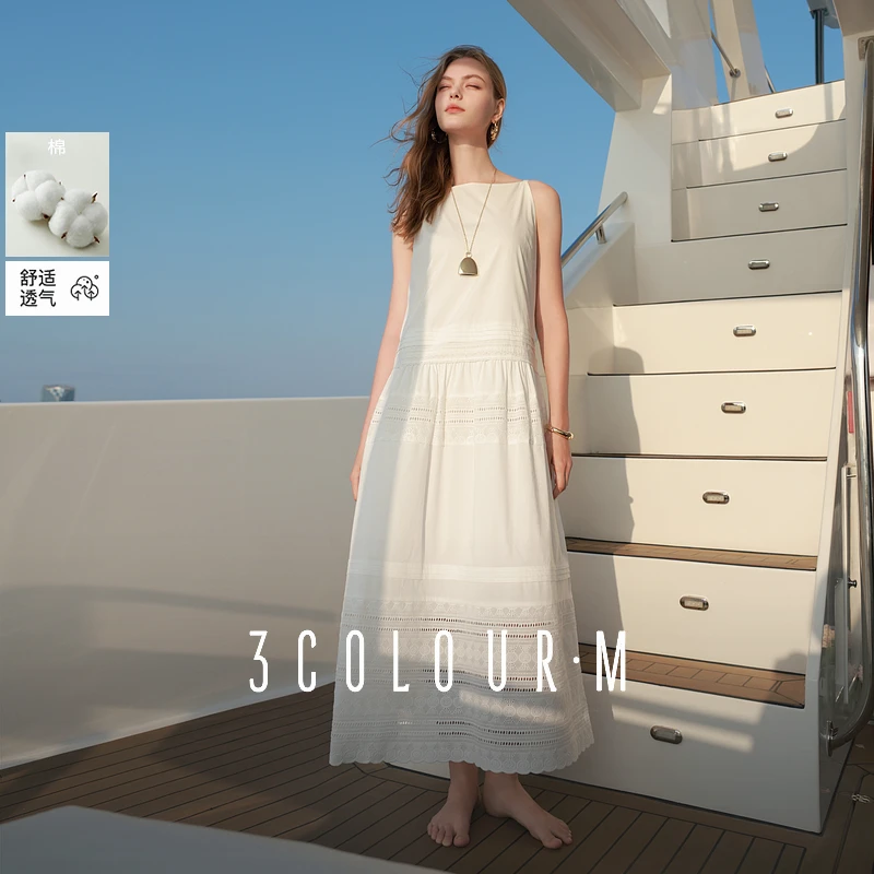 三彩2025夏季新款刺绣小白裙一字领无袖连衣裙浪漫长裙度假女M