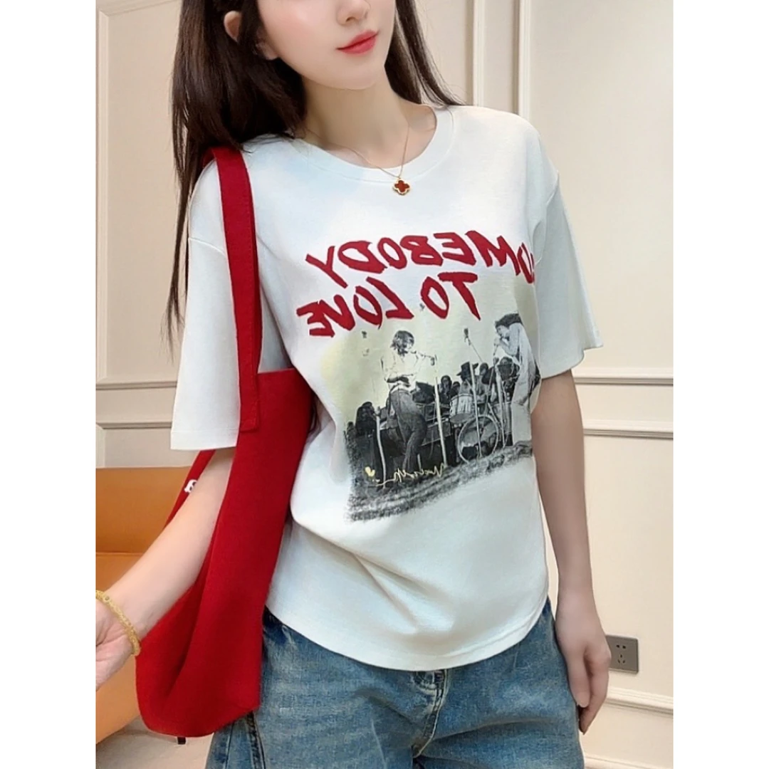 美式欧美复古摇滚字母印花短袖T恤宽松显瘦上衣女夏薄款
