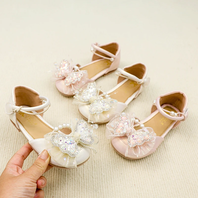 女童蝴蝶珍珠公主鞋夏季新款包头软底凉鞋沙滩鞋10107