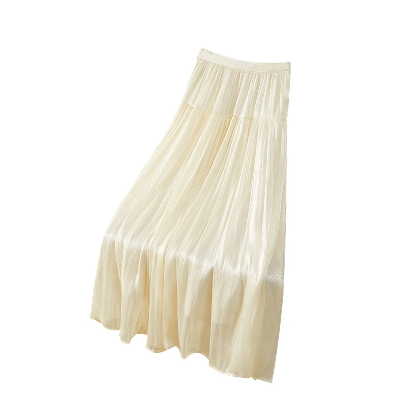 她池2025夏季新款女简约松紧腰中长款垂感A字高腰半身裙T52X2320B