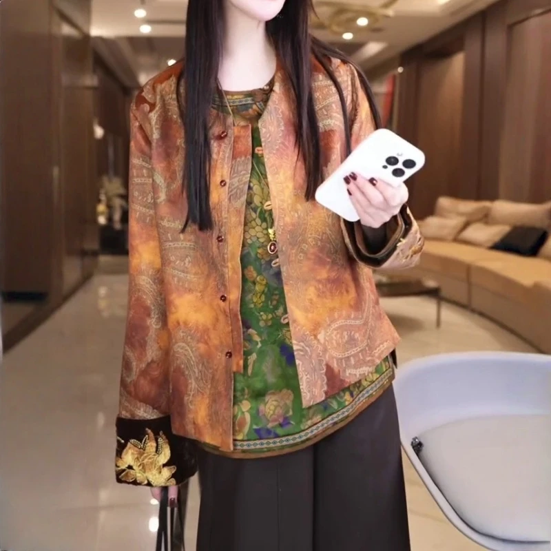 2025秋季新款时尚新中式复古休闲遮肉印花衬衫女轻奢国风宽松小衫