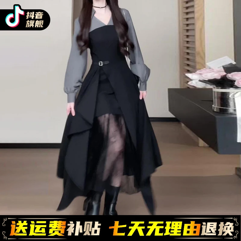 法式气质设计感黑色开叉连衣裙子女早秋装2025新款高级感长袖长裙