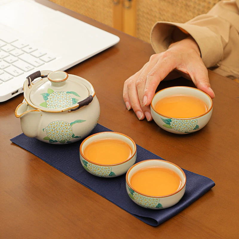 高档汝窑绣球花旅行茶具便携式快客杯一壶三杯户外露营防烫泡茶壶