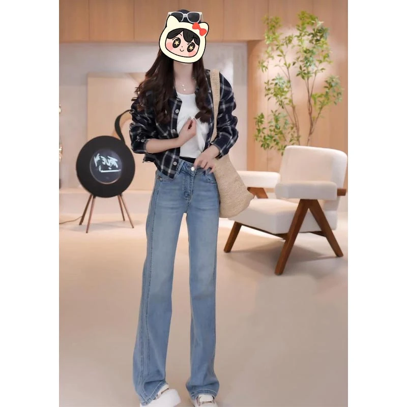 韩版潮流百搭高腰牛仔裤女2025年春季新款高级感气质时尚微喇长裤