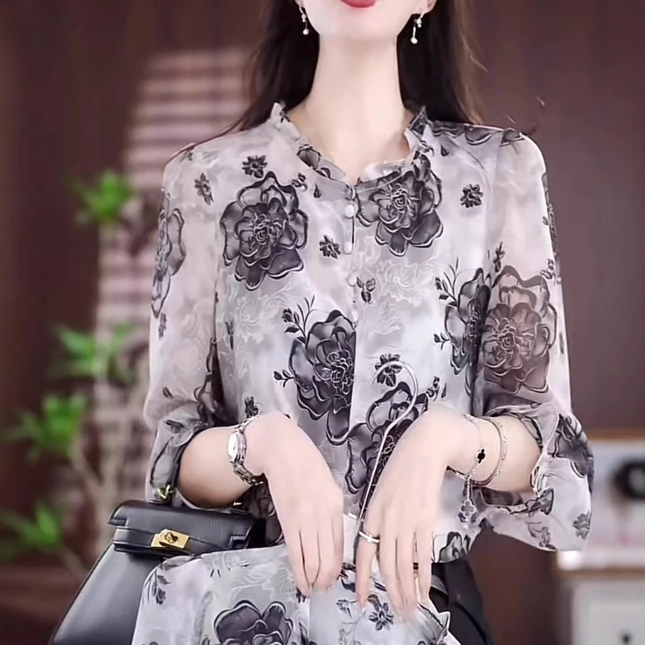 2025新款春季时尚百搭气质宽松减龄上衣小衫薄款印花长袖雪纺衫女