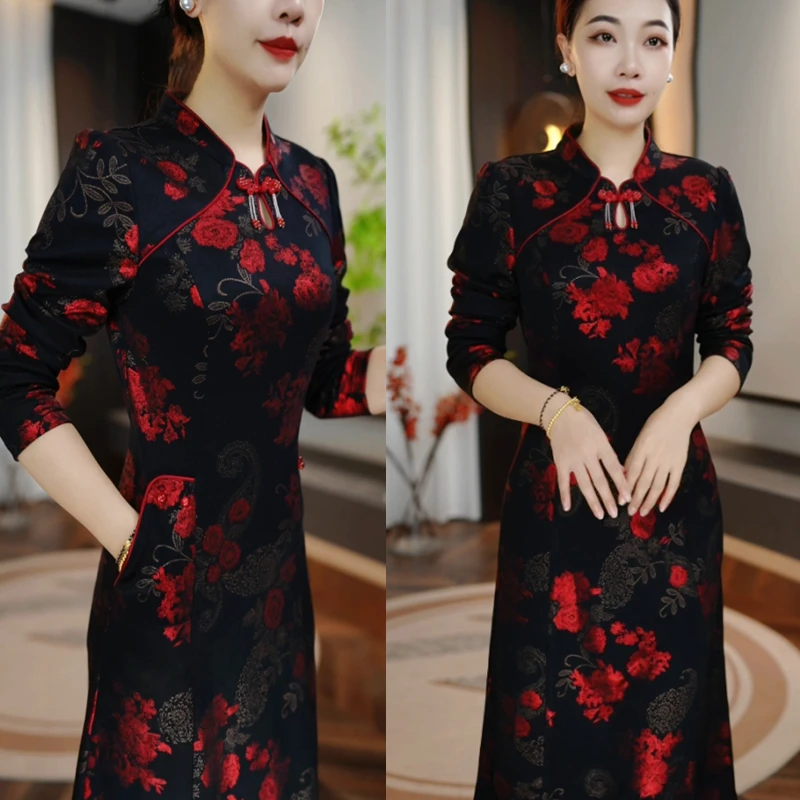 秋季新款黑红收腰显瘦遮肉气质连衣裙H5B209时尚修身长袖妈妈装