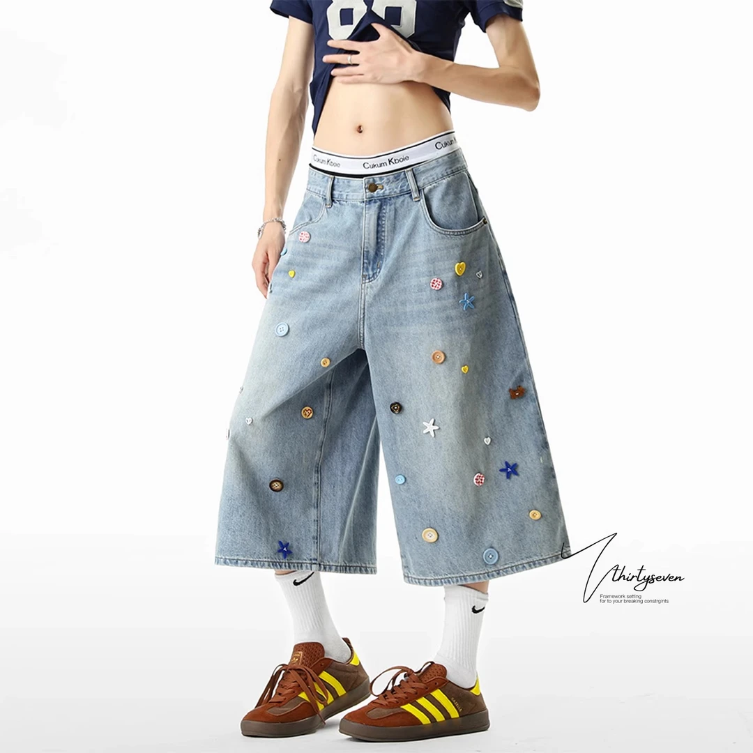 美式复古彩色纽扣七分牛仔裤女夏季新款多巴胺高腰宽松阔腿7分裤