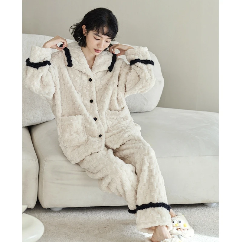 纯禧防静电睡衣女冬天加厚加绒珊瑚绒甜美时尚可外穿家居服秋冬款