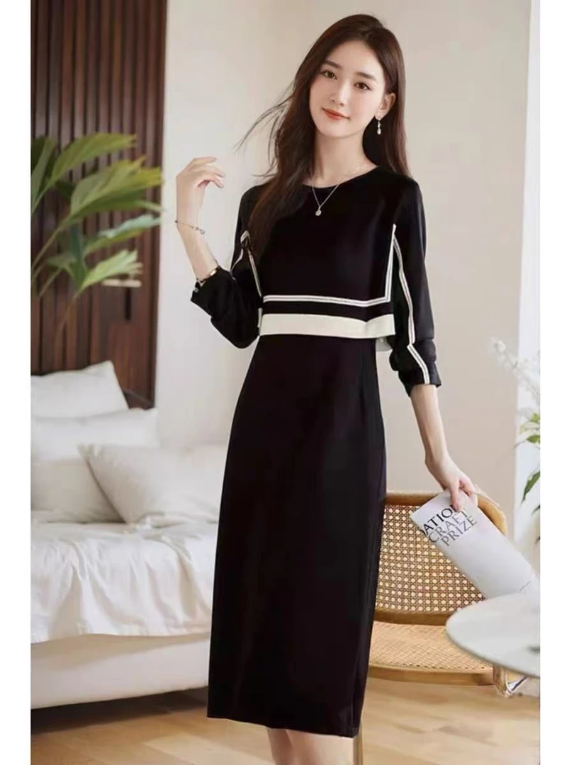 【JX6003长袖春秋裙】2025时尚优雅百搭款春秋中长款黑色连衣裙